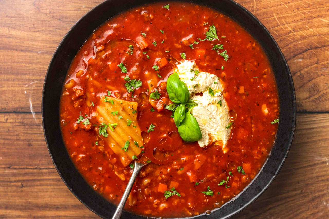 Creamy vegan lasagna soup in a bowl