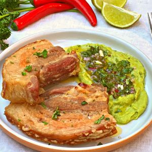 Air Fryer Pork Belly Chicharron With Chimichurri Guacamole