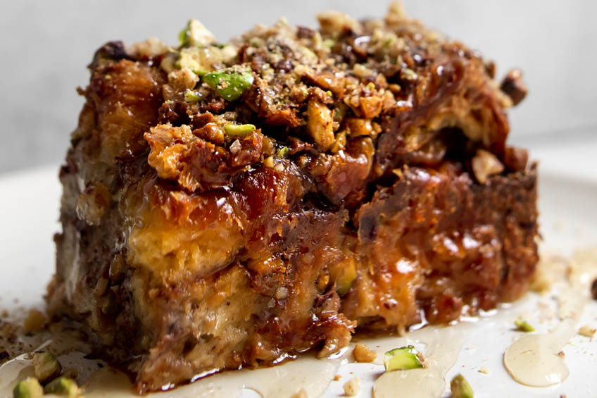 A closeup on baklava French toast