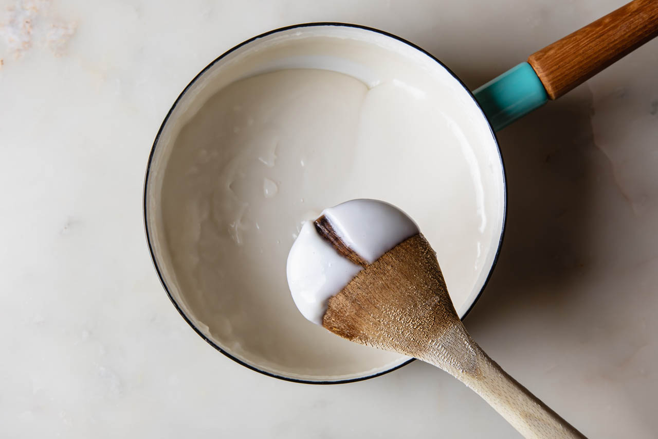 Thickened haupia in a saucepan