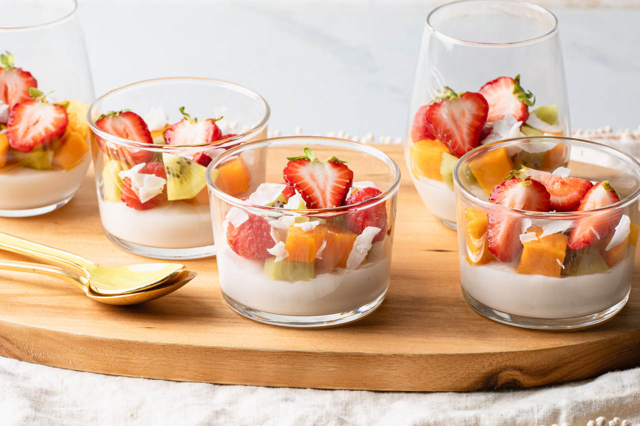 Haupia (Hawaiian coconut pudding) in cups on a serving tray