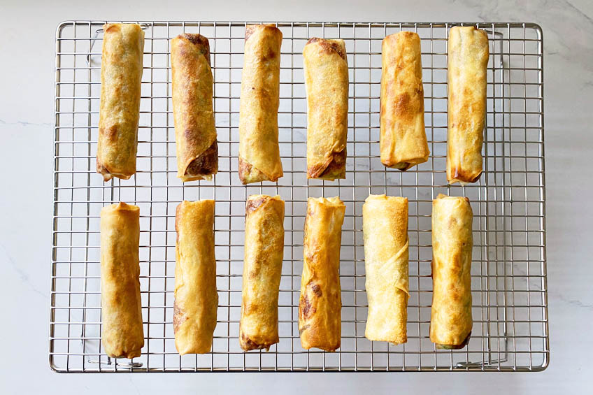 Spring rolls on a cooling rack