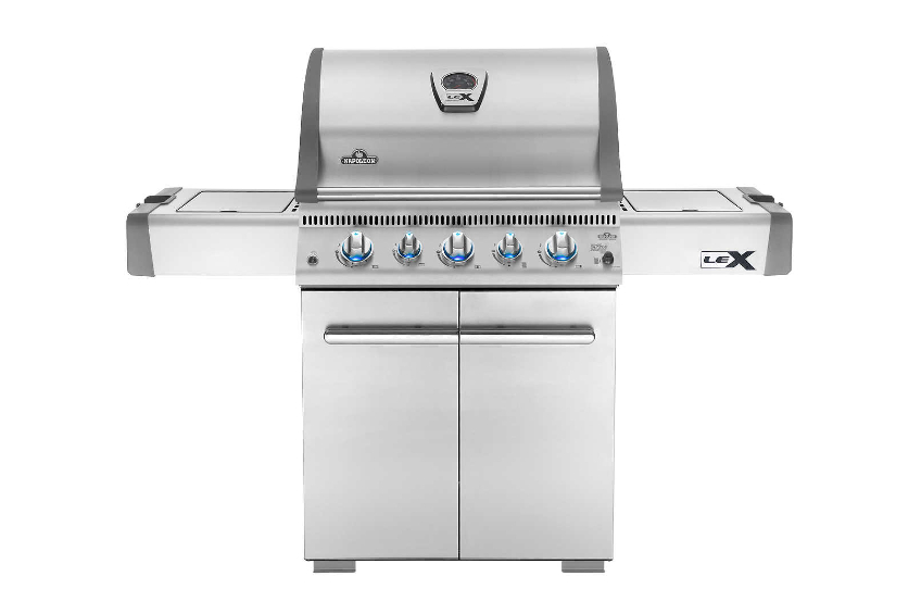 A stainless steel Napoleon LEX485 5-burner 74,000-BTU Natural Gas BBQ Grill with Cover