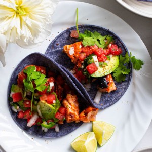 Chamoy Salmon Tacos With Watermelon Pico de Gallo