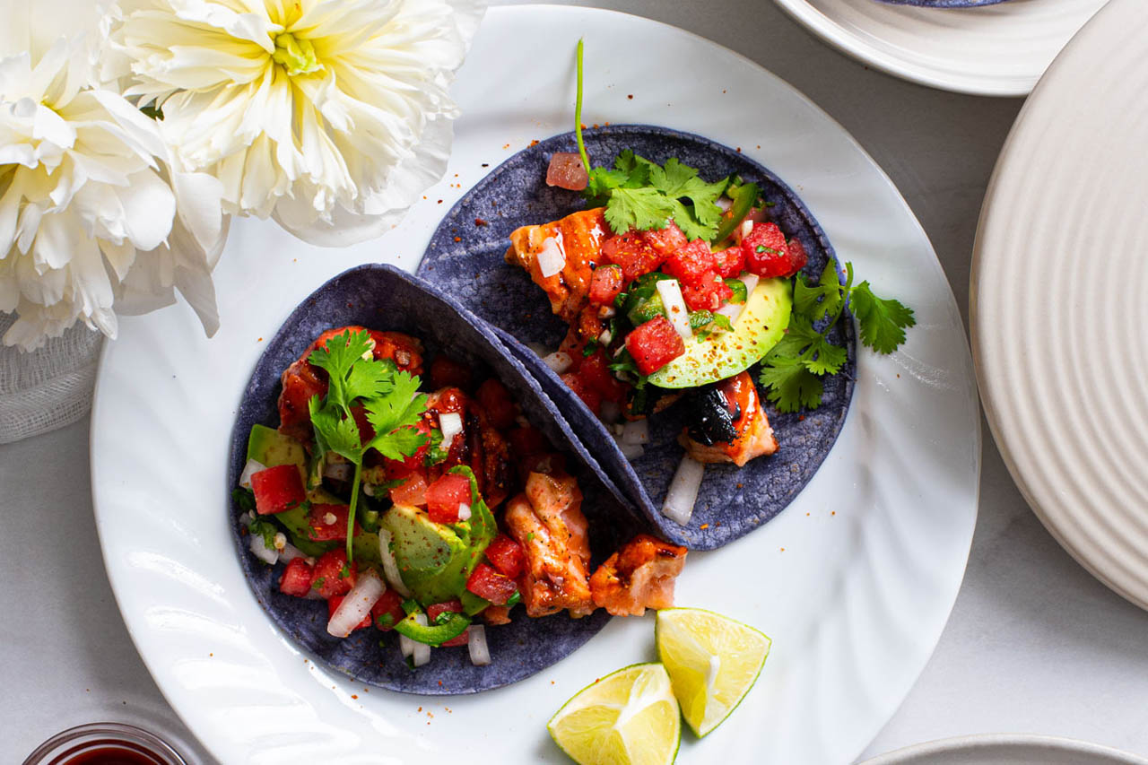 Chamoy salmon tacos