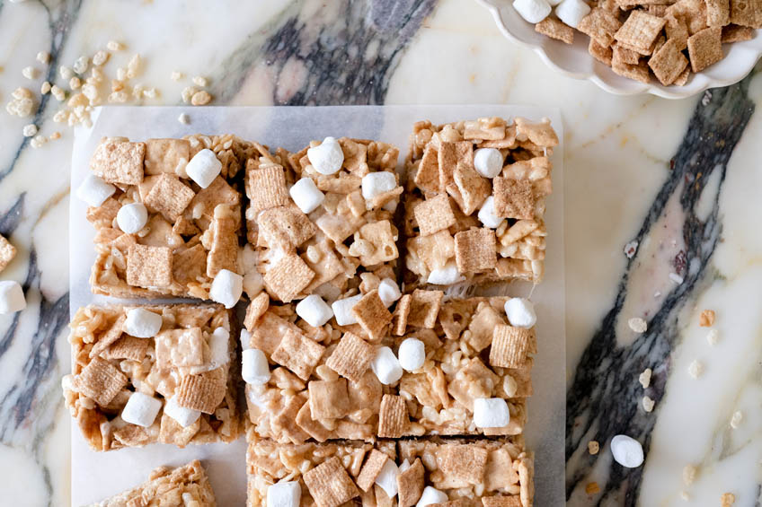 A closeup on Extra Gooey Cinnamon Toast Crunch Crispy Rice Treats