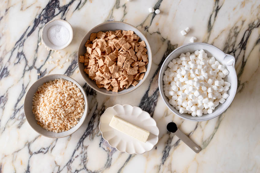 Ingredients for Extra Gooey Cinnamon Toast Crunch Crispy Rice Treats