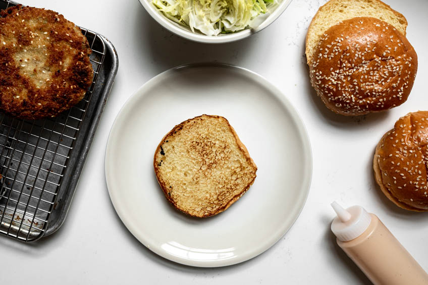 Tonkatsu burgers being assembled