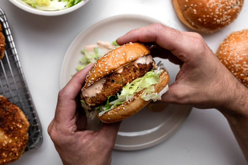 Chicken tonkatsu burger on a plate