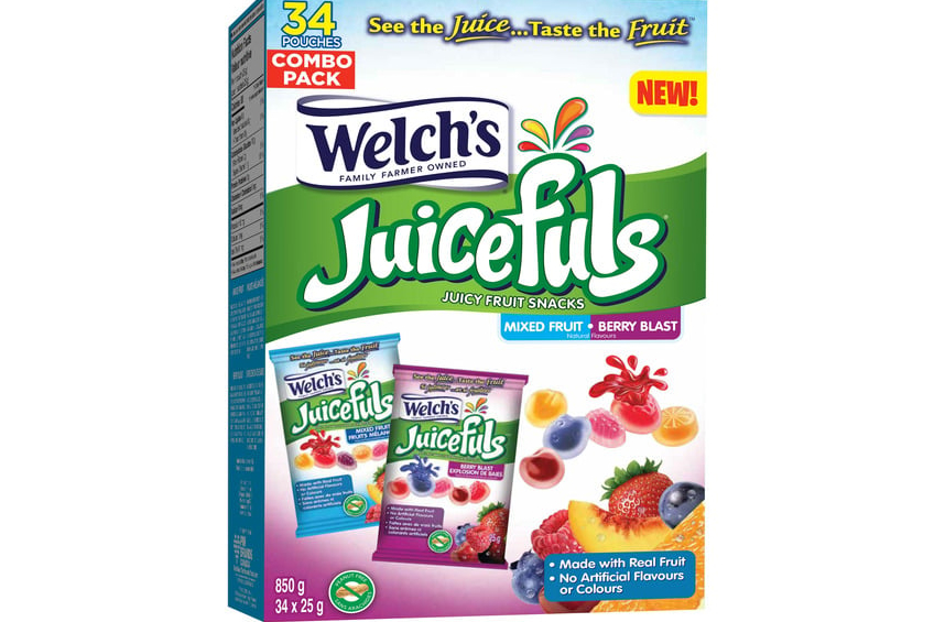 A 34-pack of Welch's Juiceful fruit snacks in Berry Blast and Mixed Fruit