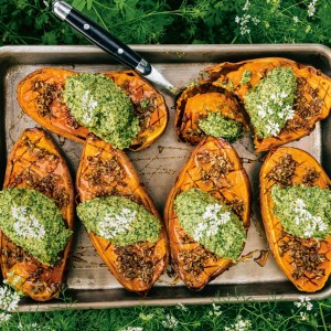 Maple Spiced Sweet Potatoes With Cilantro Cashew Pesto