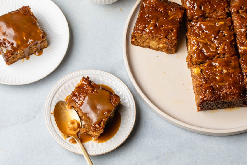 Sticky toffee apple cake, ready to serve