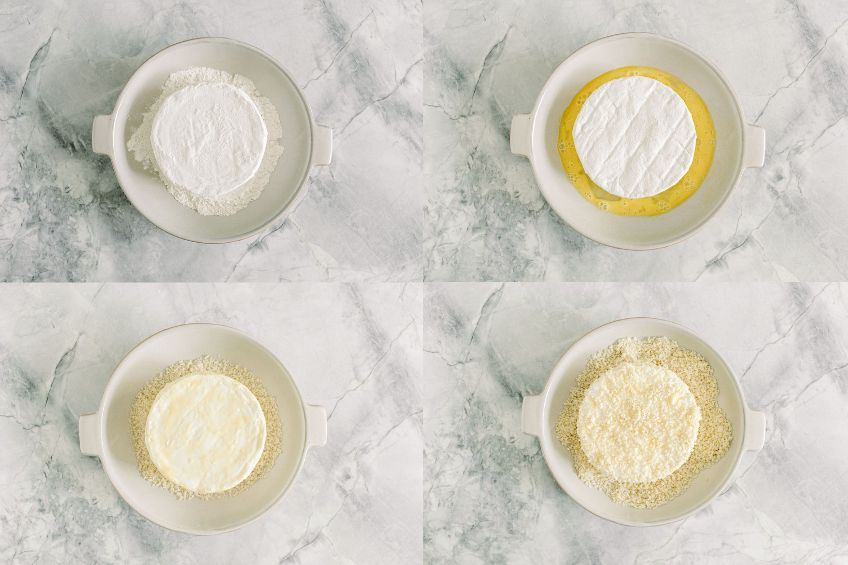 Brie being coated in flour, egg and panko