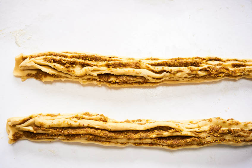 Babka dough sliced down the centre