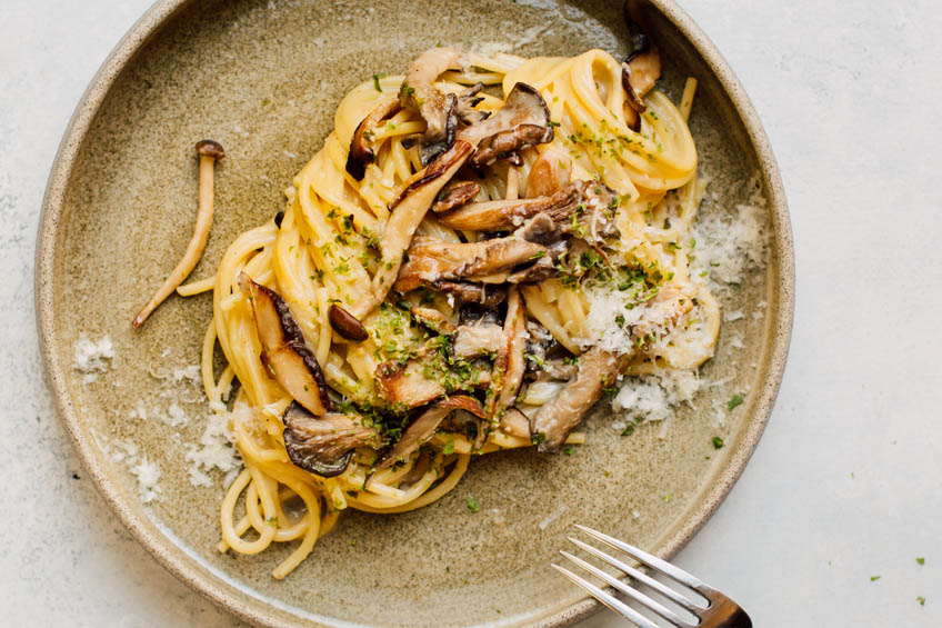 Closeup on mushroom miso pasta