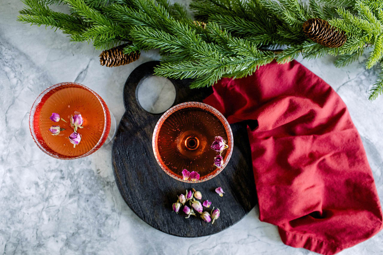 Pomegranate rose cocktail overhead