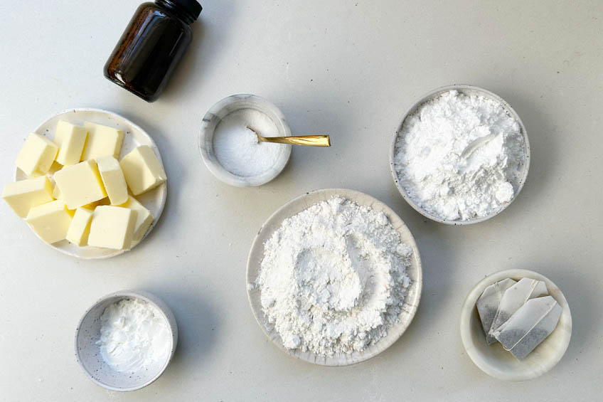 Ingredients for Glazed Earl Grey and Vanilla Bean Shortbread Cookies