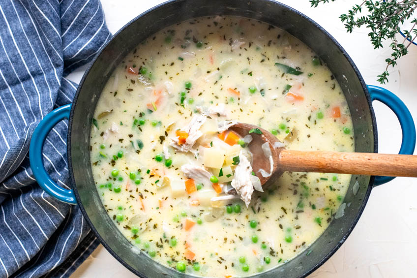 Turkey Pot Pie Stew in a pot, ready to serve