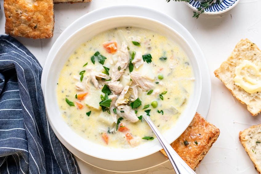 Turkey Pot Pie Stew in a bowl