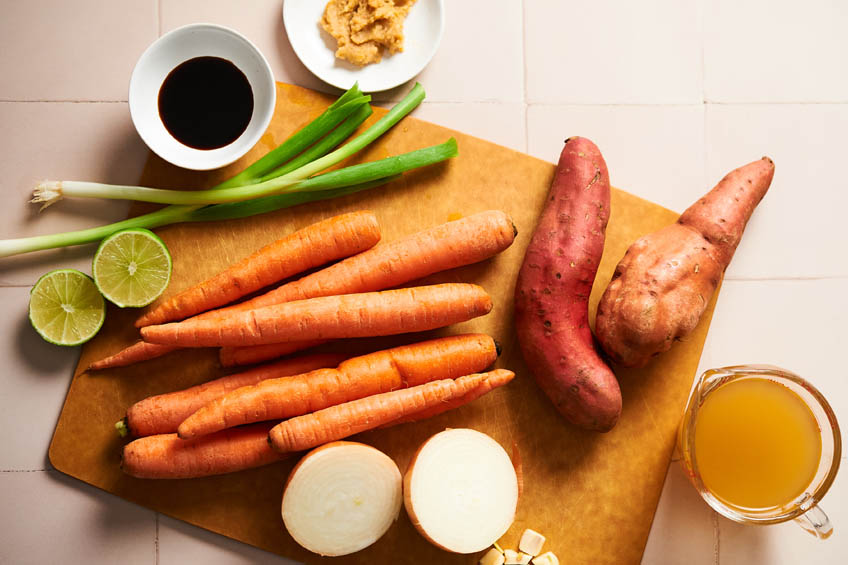 Ingredients for Miso Ginger Carrot and Sweet Potato Soup