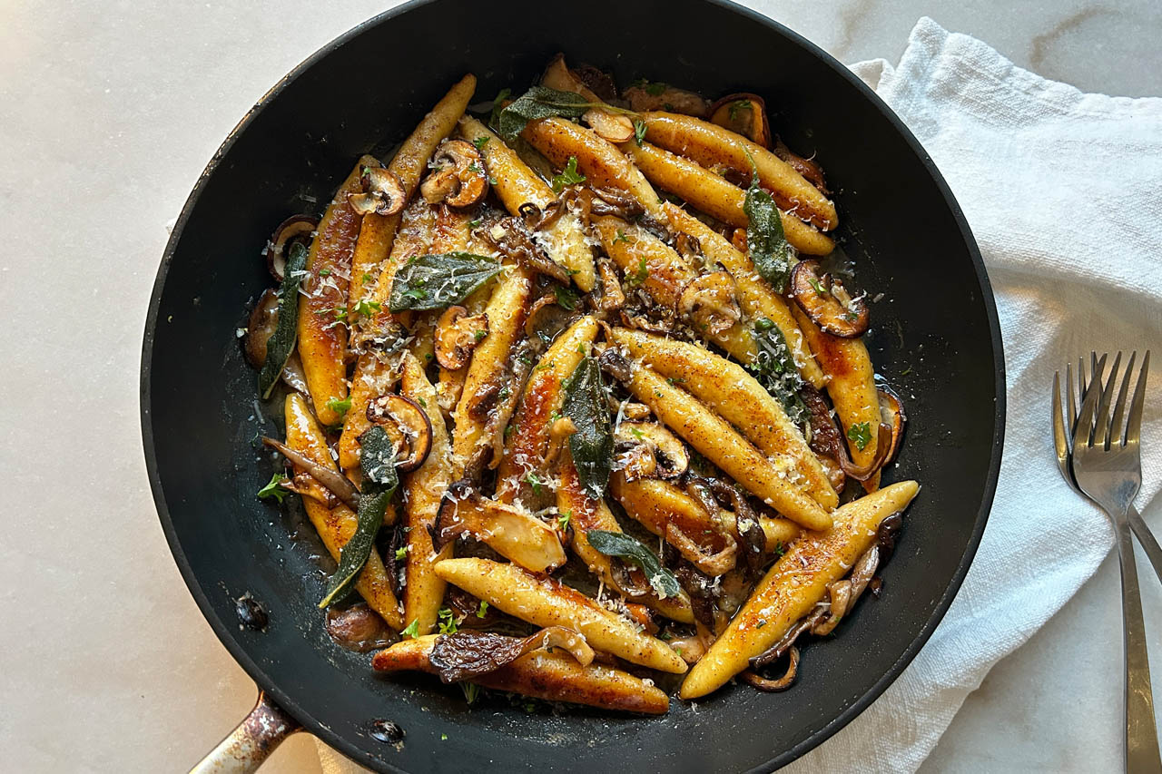 German Potato Noodles (Schupfnudeln) with Brown Butter, Mushrooms and Sage