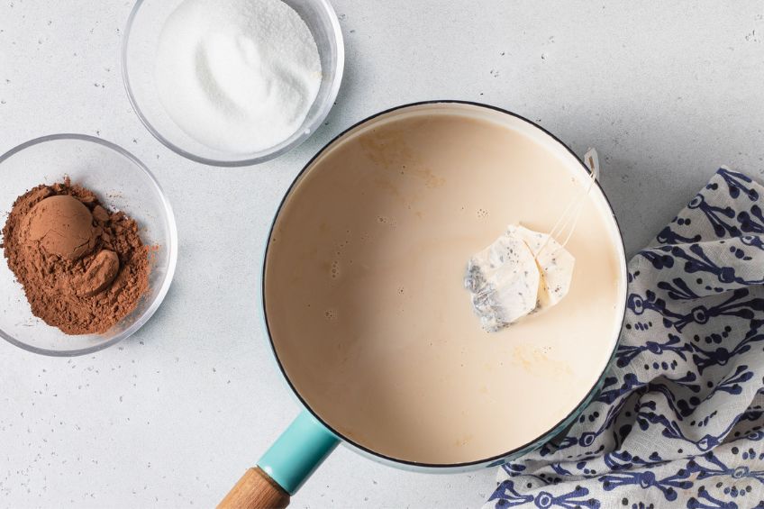 Tea bags steeping in saucepan of warmed milk