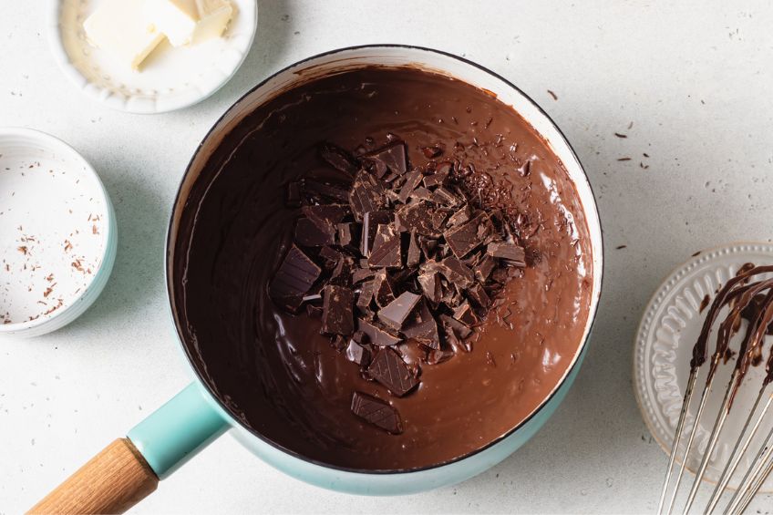 Chopped chocolate added to pudding mixture