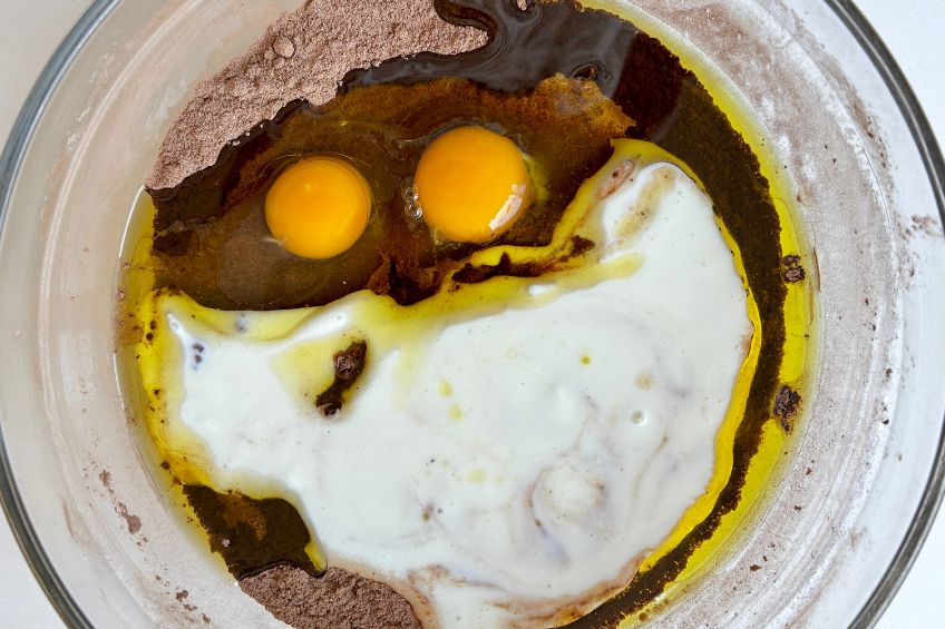 Wet ingredients added to mixing bowl