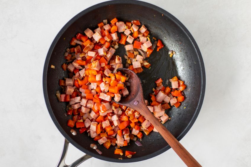 ham and vegetables in a skillet