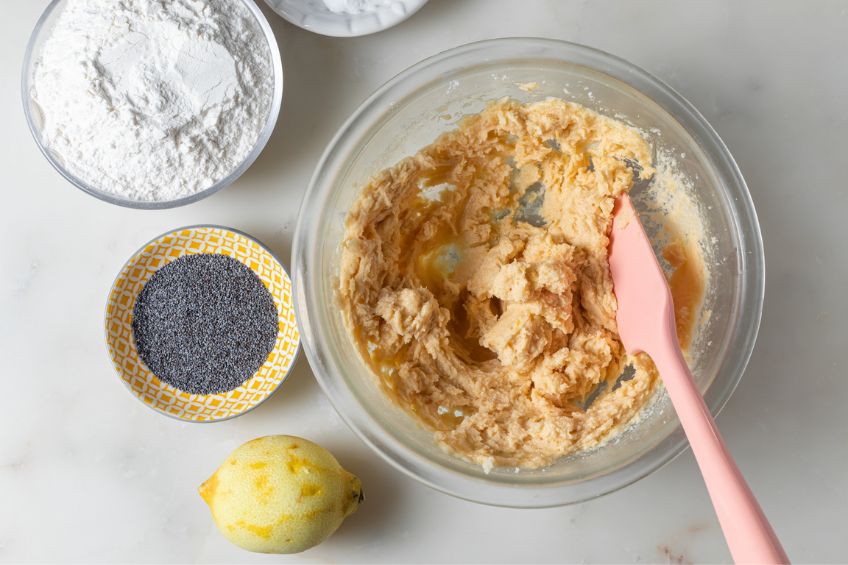 Dry ingredients beside wet sugar mix