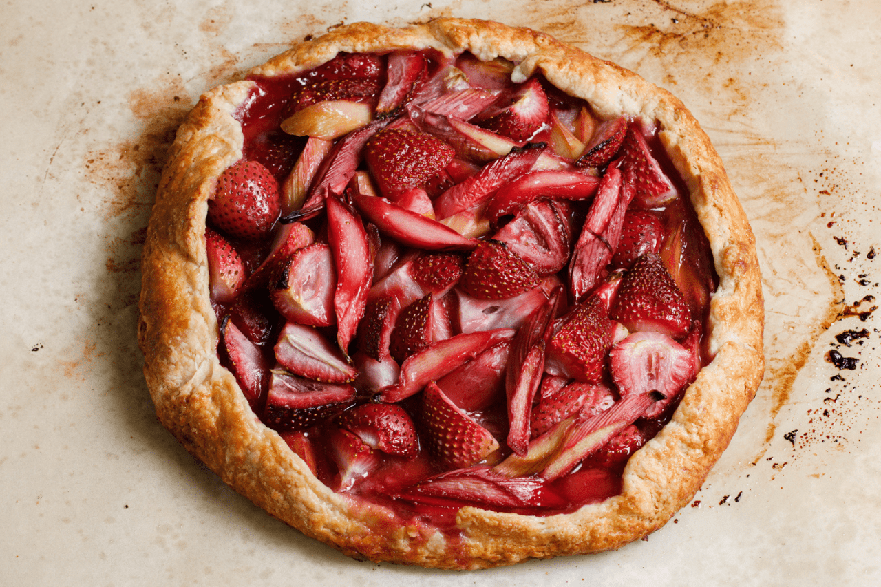 A baked strawberry rhubarb tart