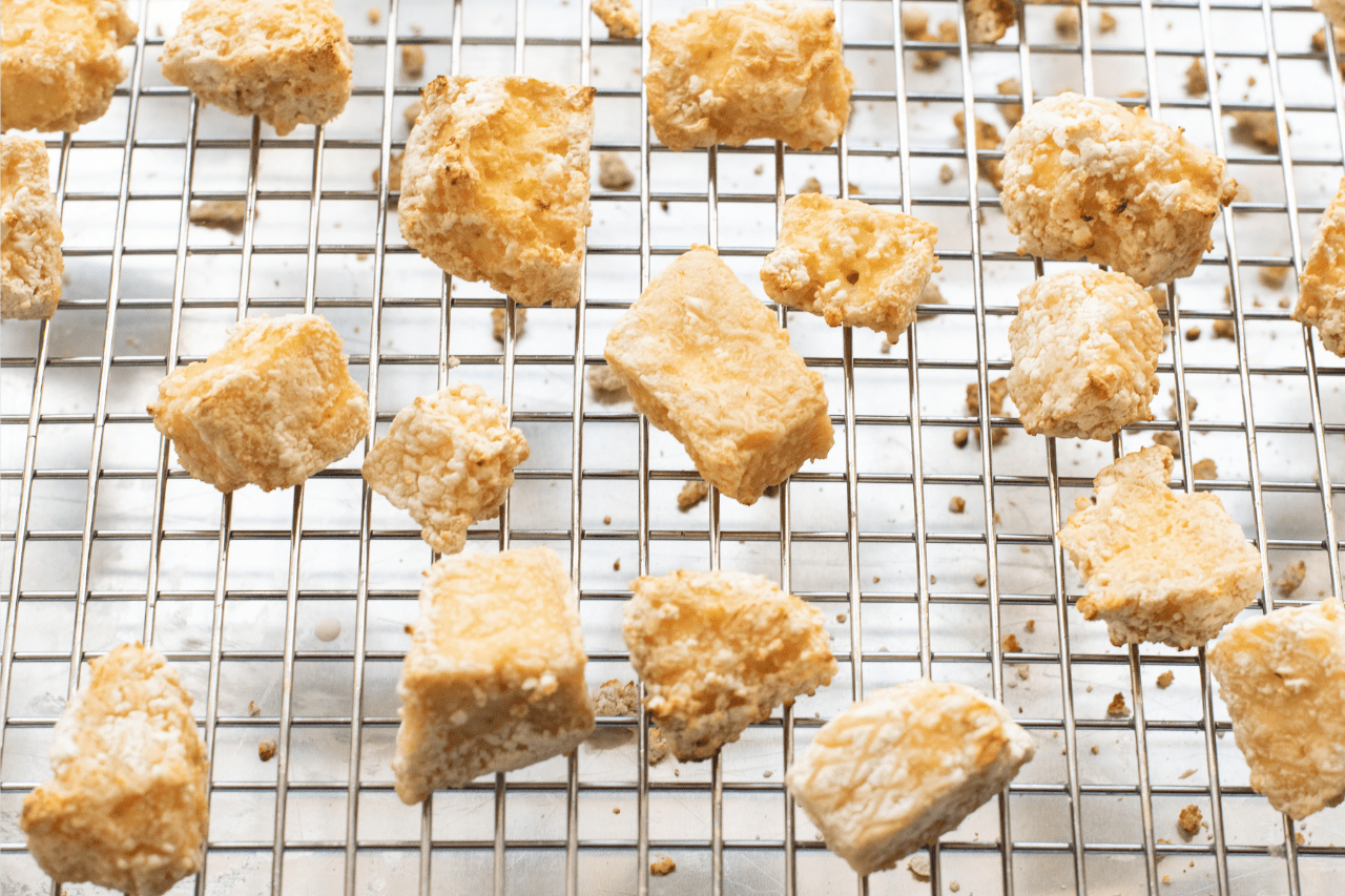 Cooked tofu on a rack