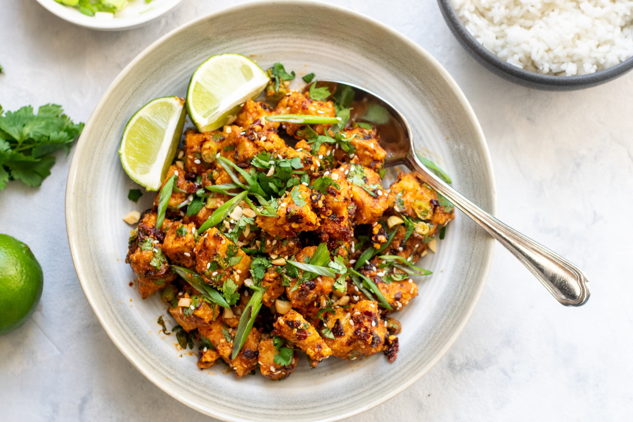 Air fryer tofu with chili peanut sauce