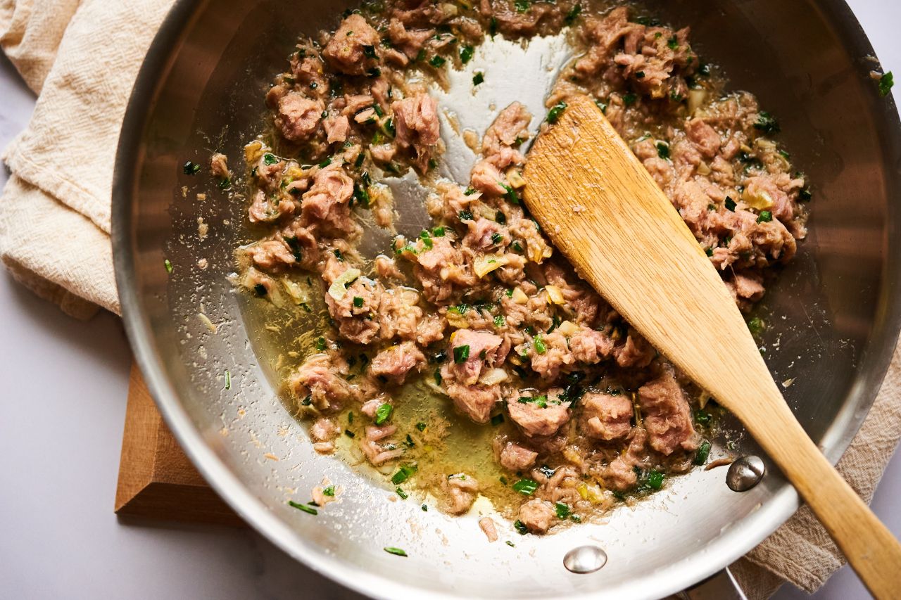 Tuna cooking in a pan