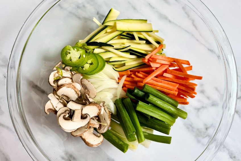 Closeup on vegetables in a mixing bowl