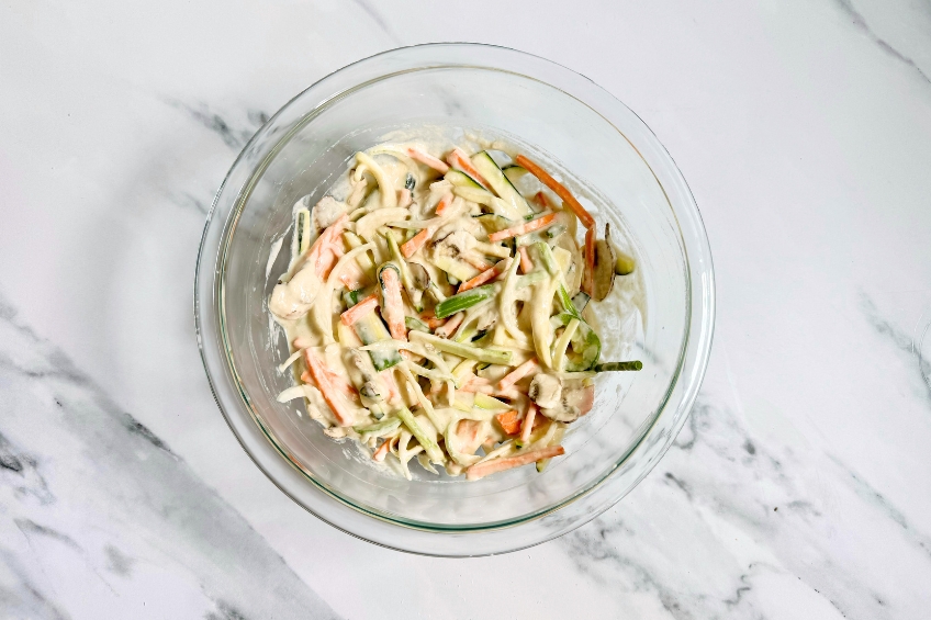 Korean vegetable pancake batter in a mixing bowl