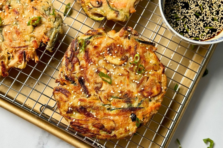 Closeup on a Korean vegetable pancake