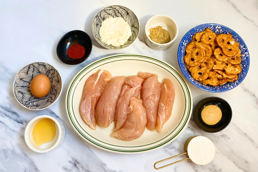 Ingredients for air fryer pretzel-crusted chicken tenders