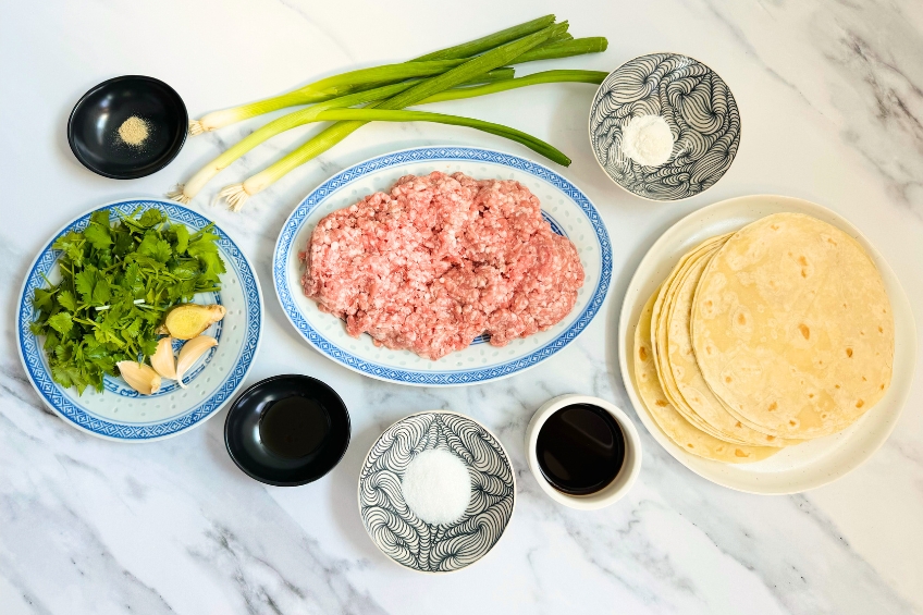 Ingredients for smash dumpling tacos