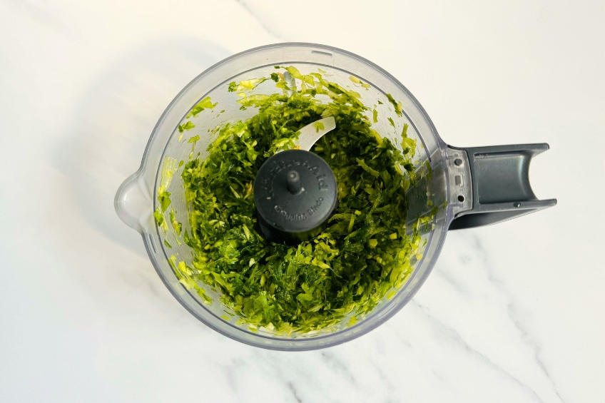 Chopped aromatics in a food processor