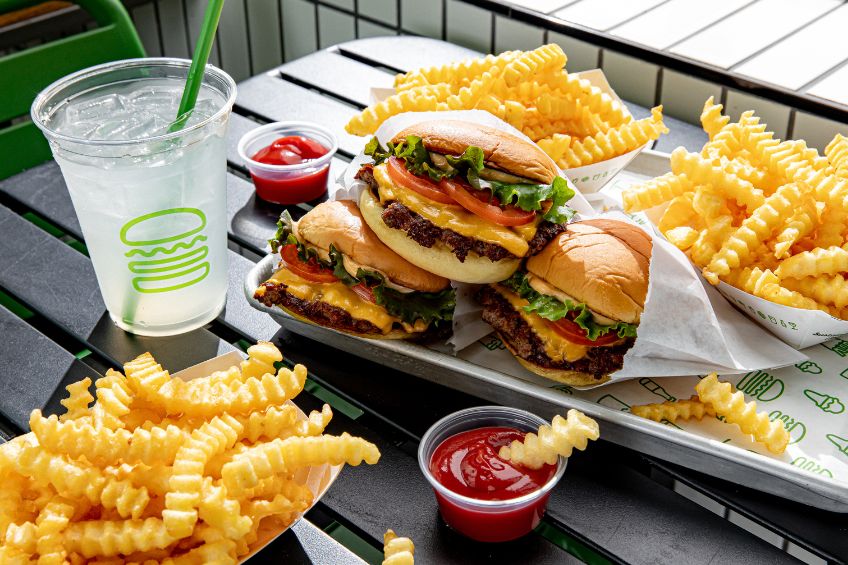 Shake Shack burgers and fries on a tray