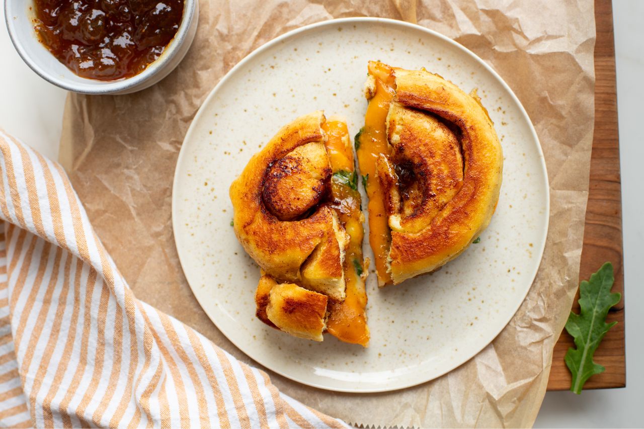 Cinnamon Bun Grilled Cheese on a plate