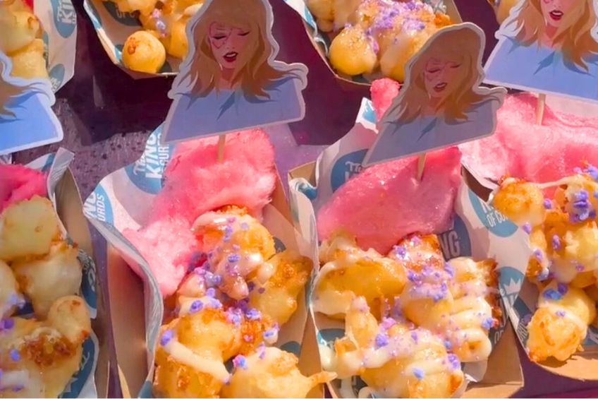 taylor swift themed cheese curds at the cne with purple, blue and pink sprinkles