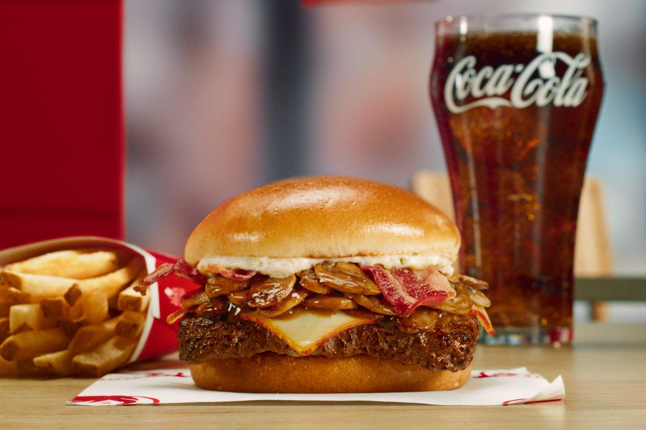 Wendy's Garlic Mushroom Bacon Cheeseburger with fries and a coke