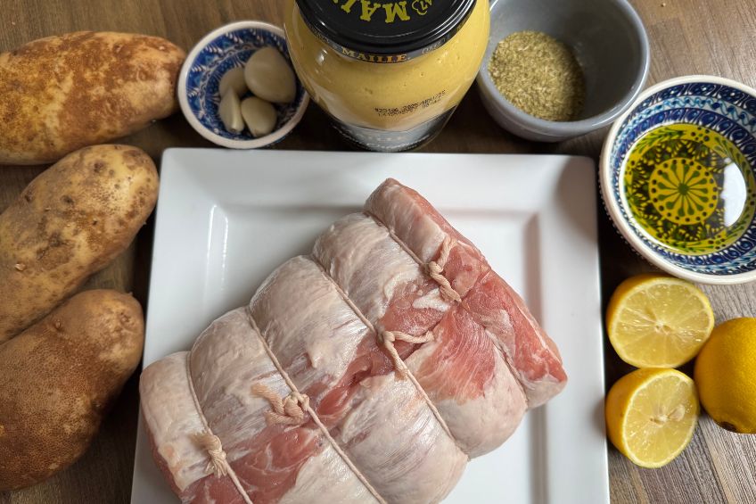 greek roast pork ingredients on a table