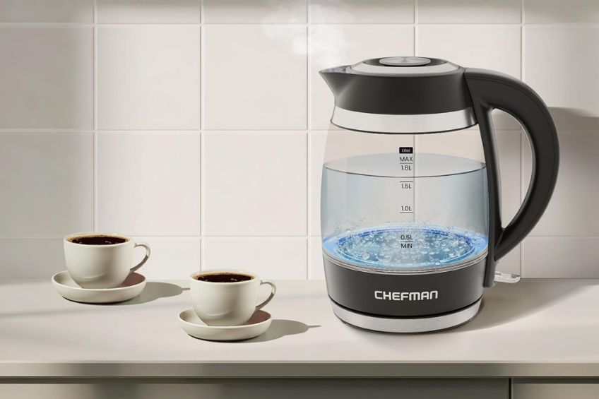 Chefman Electric Kettle on kitchen counter with two coffee cups beside