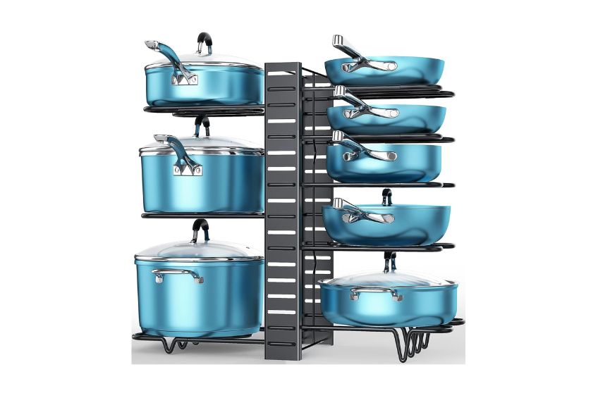 ORDORA 8-Tier Pot Rack with blue pots and pans