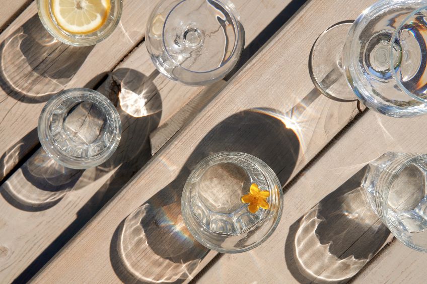 Flat lay of carbonated water in different glasses