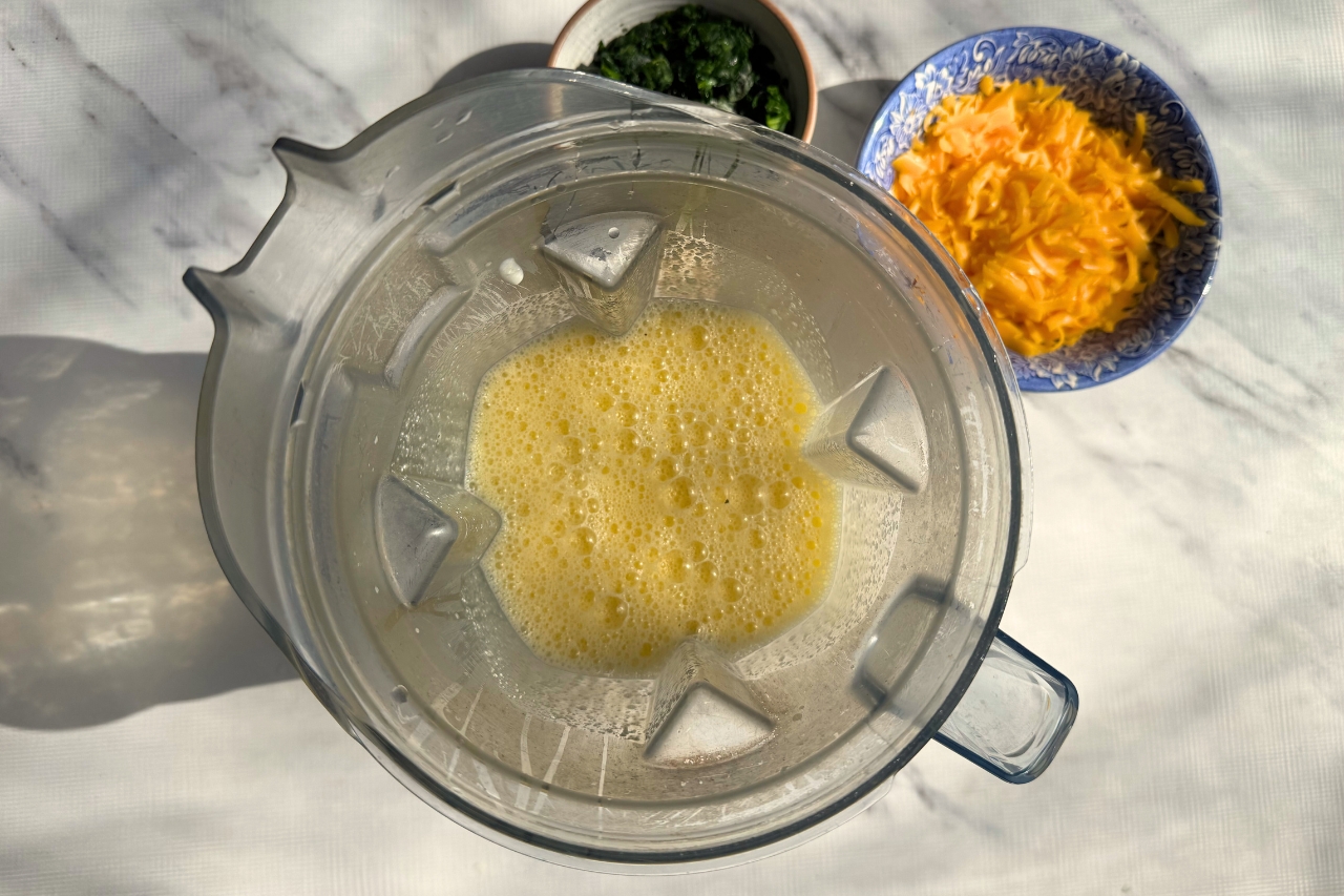Eggs and cottage cheese mixed together in a blender.
