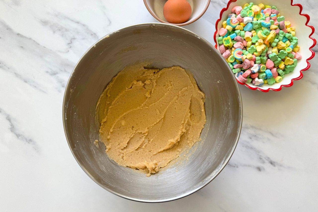 Cookie batter in a mixing bowl